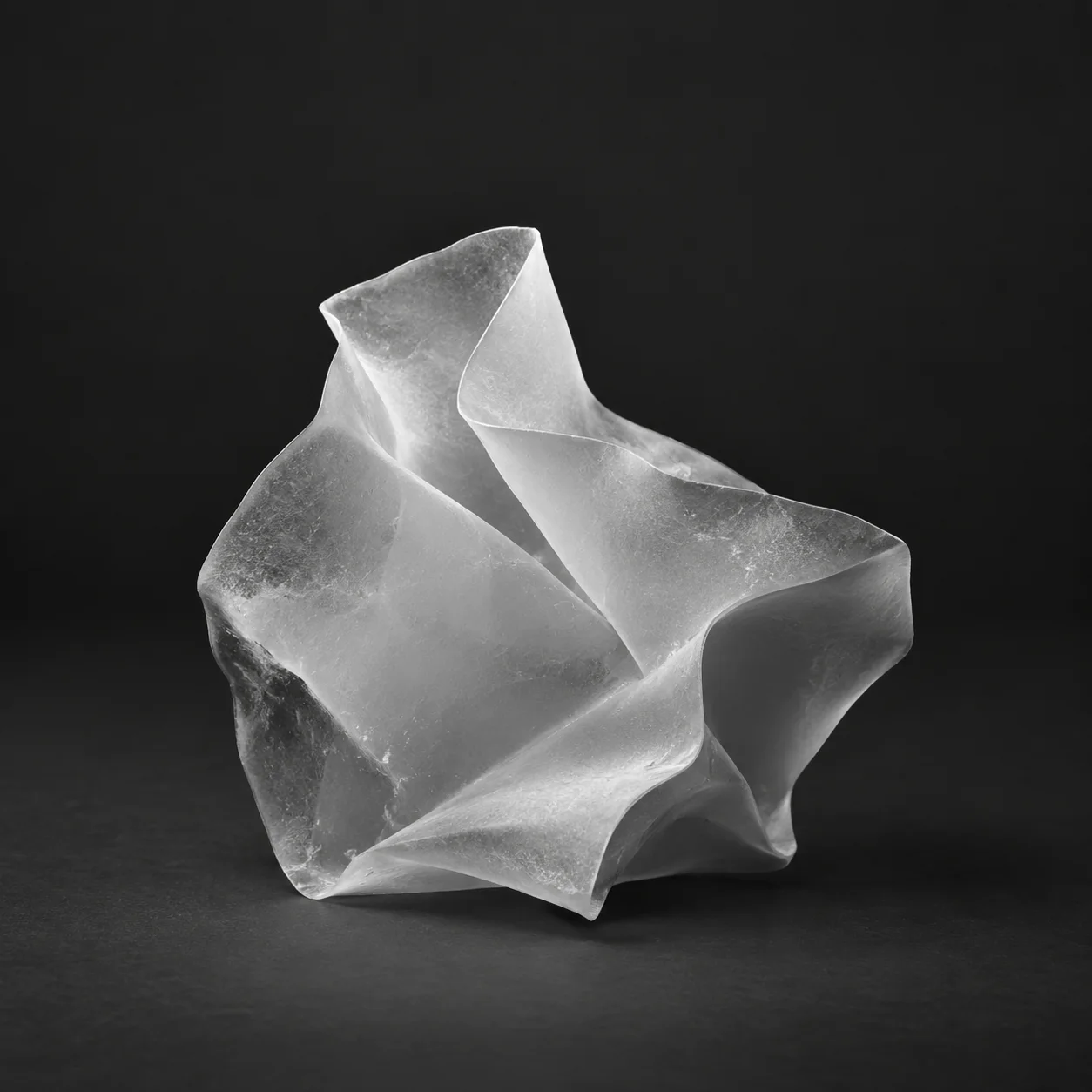 Forma scultorea traslucida su fondo nero, fotografia originale