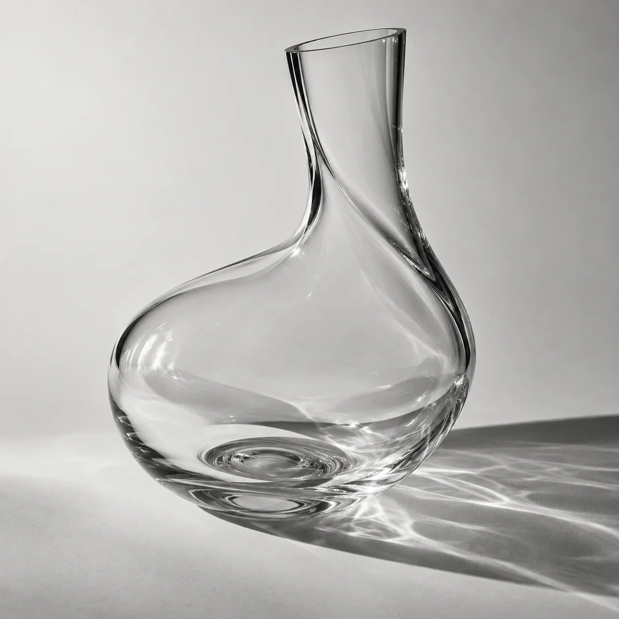 Vaso scultoreo in vetro su fondo chiaro, fotografia monocromatica originale